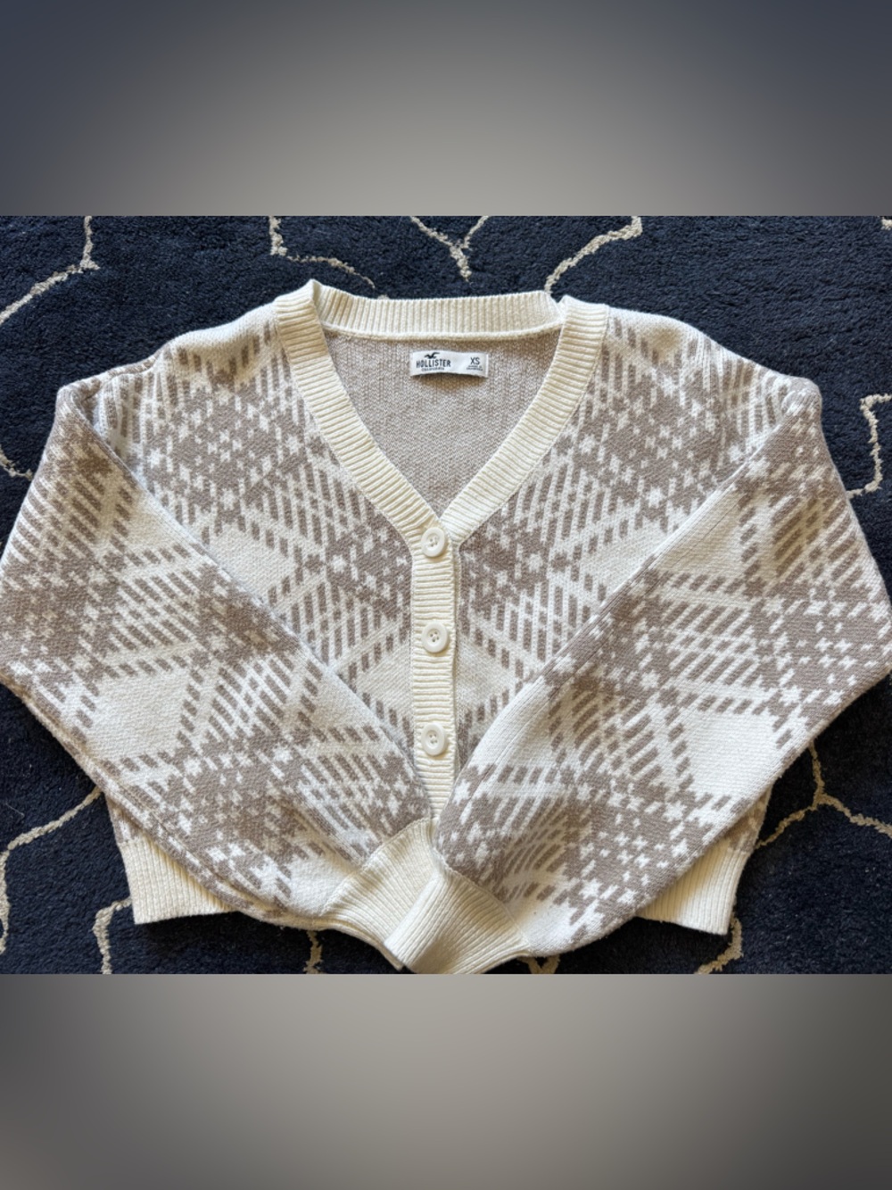 Hollister Cream and Taupe Patterned Button-Up Cardigan